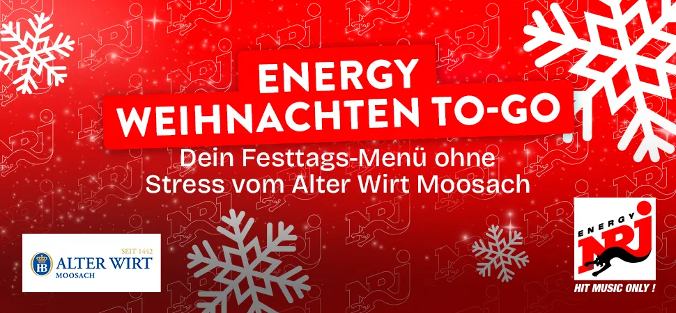 Roter Hintergrund mit weißen Schneeflocken. Text: "ENERGY Weihnachten To-Go – Dein Festtags-Menü ohne Stress vom Alter Wirt Moosach" Logos von Alter Wirt Moosach (mit HB-Krone) und ENERGY (Hit Music Only!)